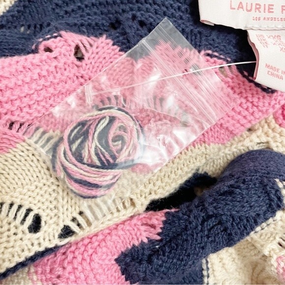 Laurie Felt Pointelle Knit Maxi Cardigan Duster Sweater Navy Pink Tan Size XXS - Picture 12 of 16